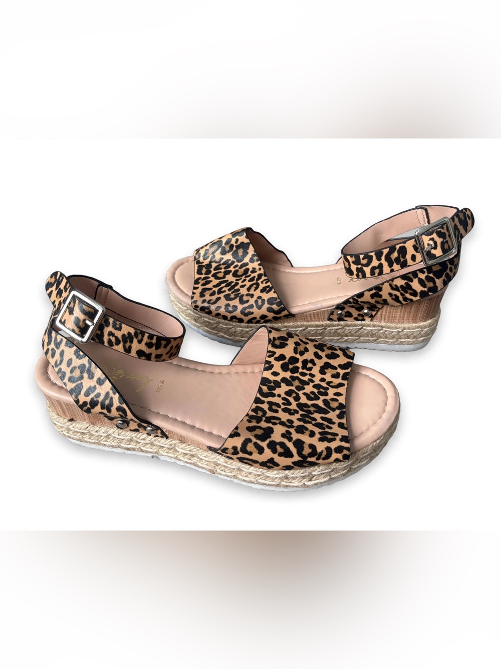 Leopard Espadrille Wedge Sandals Ankle Buckle Platform - Size 8.5 - Summer